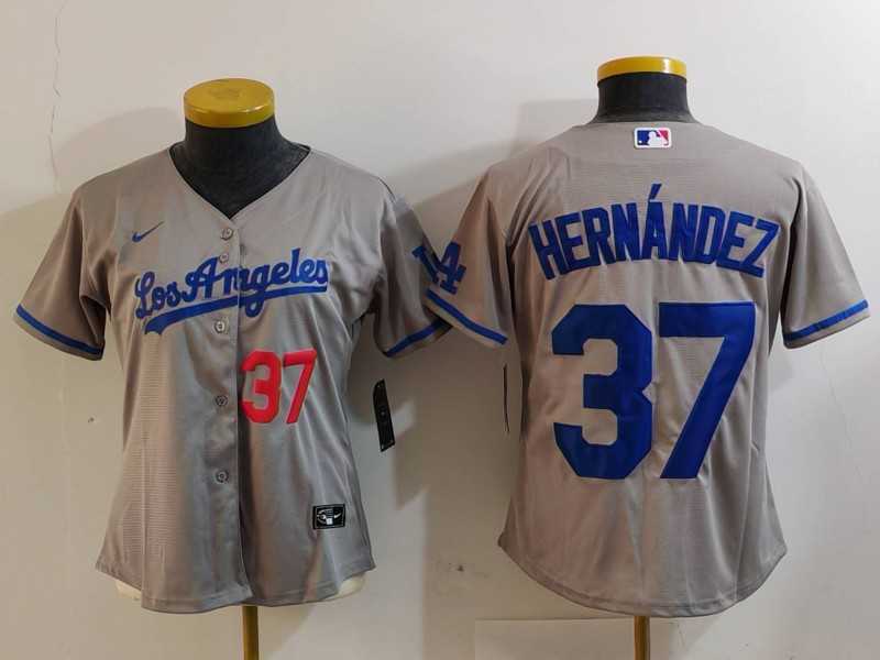 Women%27s Los Angeles Dodgers #37 Teoscar Hernandez Number Grey With Los Cool Base Stitched Jersey